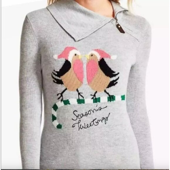 Talbots Seasons Tweeting Festive Love Birds Grey Wool Pullover Sweater Women MP - Picture 1 of 6